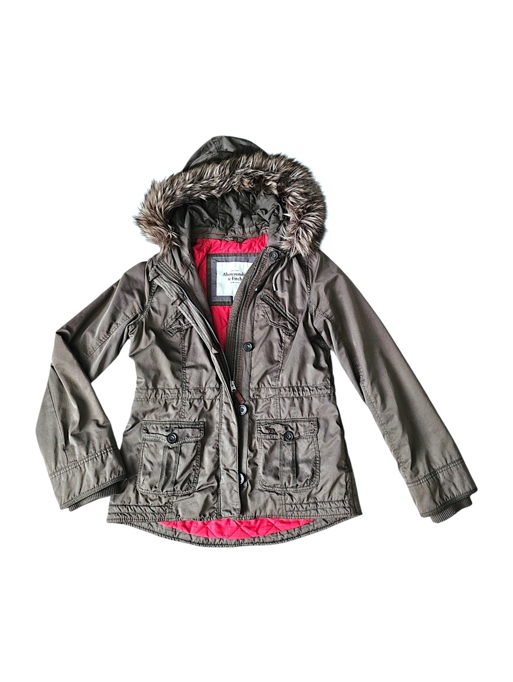 Abercrombie & Fitch Army Green Utility Jacket w/ Faux Fur Hood - Size L